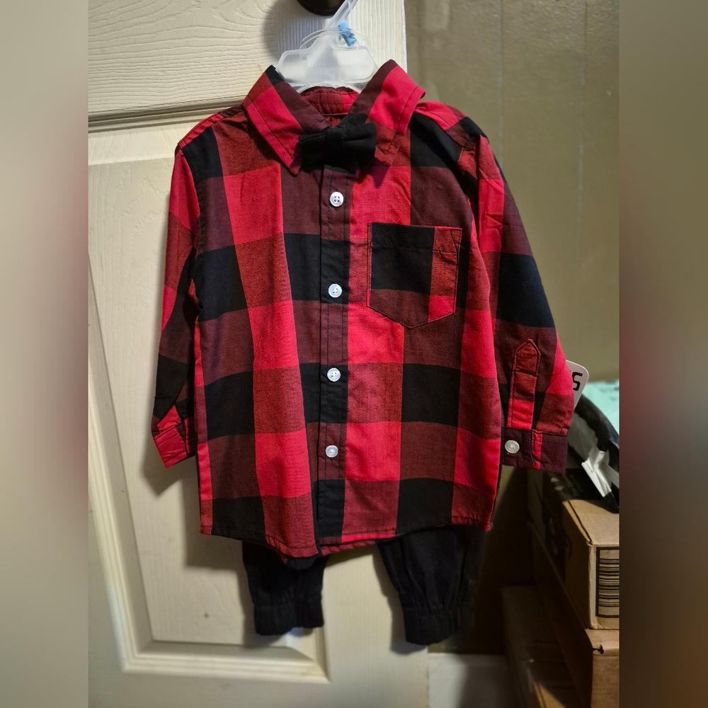 Boys Red & Black Buffalo Plaid Button-Up Shirt with Bow Tie